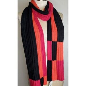 Express Knit Scarf Wool Blnd Pink Black Orange Color Block 7x82" NEW 80s 90s Mod